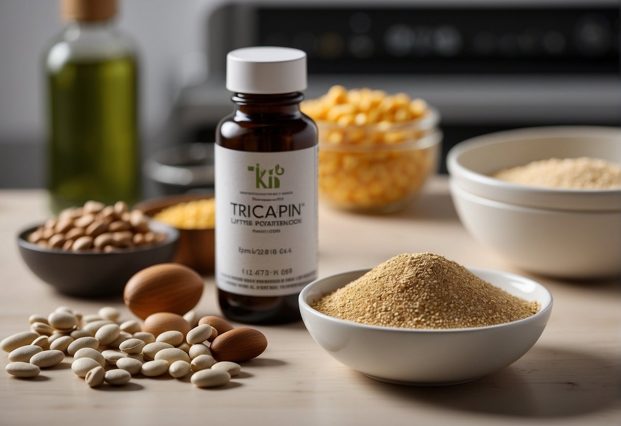 A bottle of Tricaprin supplements sits on a kitchen counter next to a bowl of specific diet ingredients. A measuring spoon is scooping out the supplements
