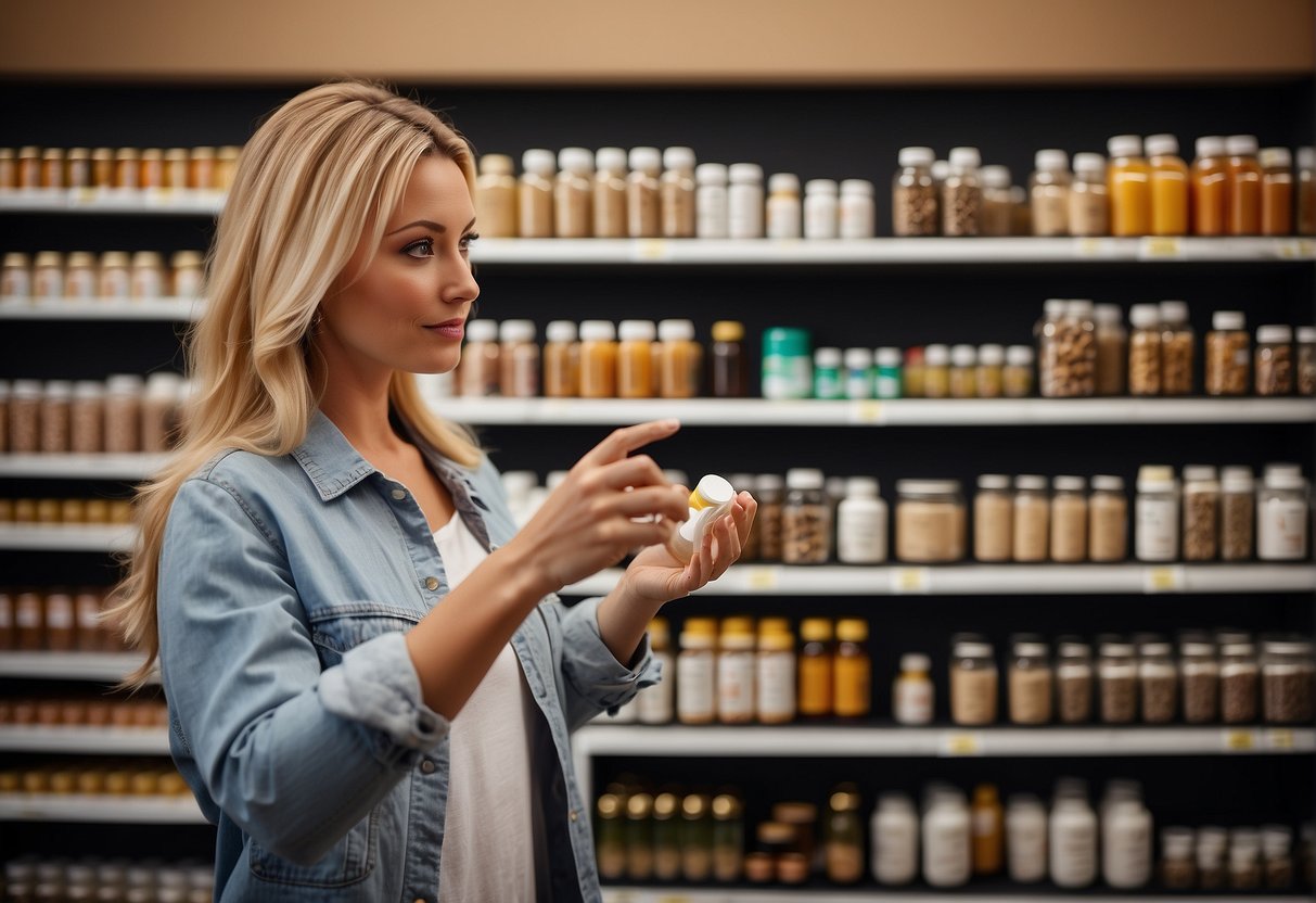 A customer browsing shelves of health supplements, pointing to a bottle labeled "Tricaprin" with a question mark above their head