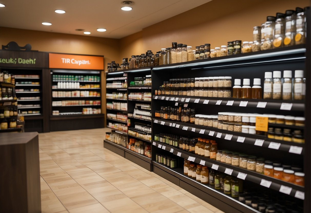 A bright, modern health food store with shelves lined with various supplements and a section specifically for tricaprin supplements prominently displayed