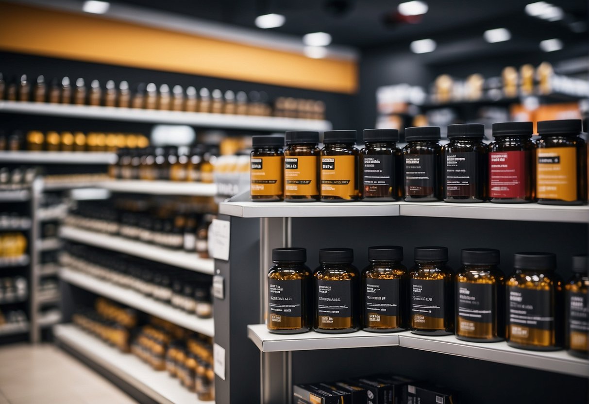 Physical stores display tricaprin supplements on shelves with price tags. Customers browse and purchase the products at checkout counters