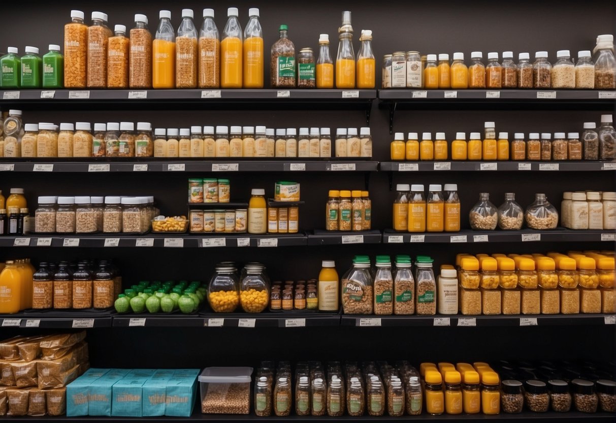 A bright and modern health food store with shelves stocked with Mobilee supplement bottles and a prominent display advertising its benefits