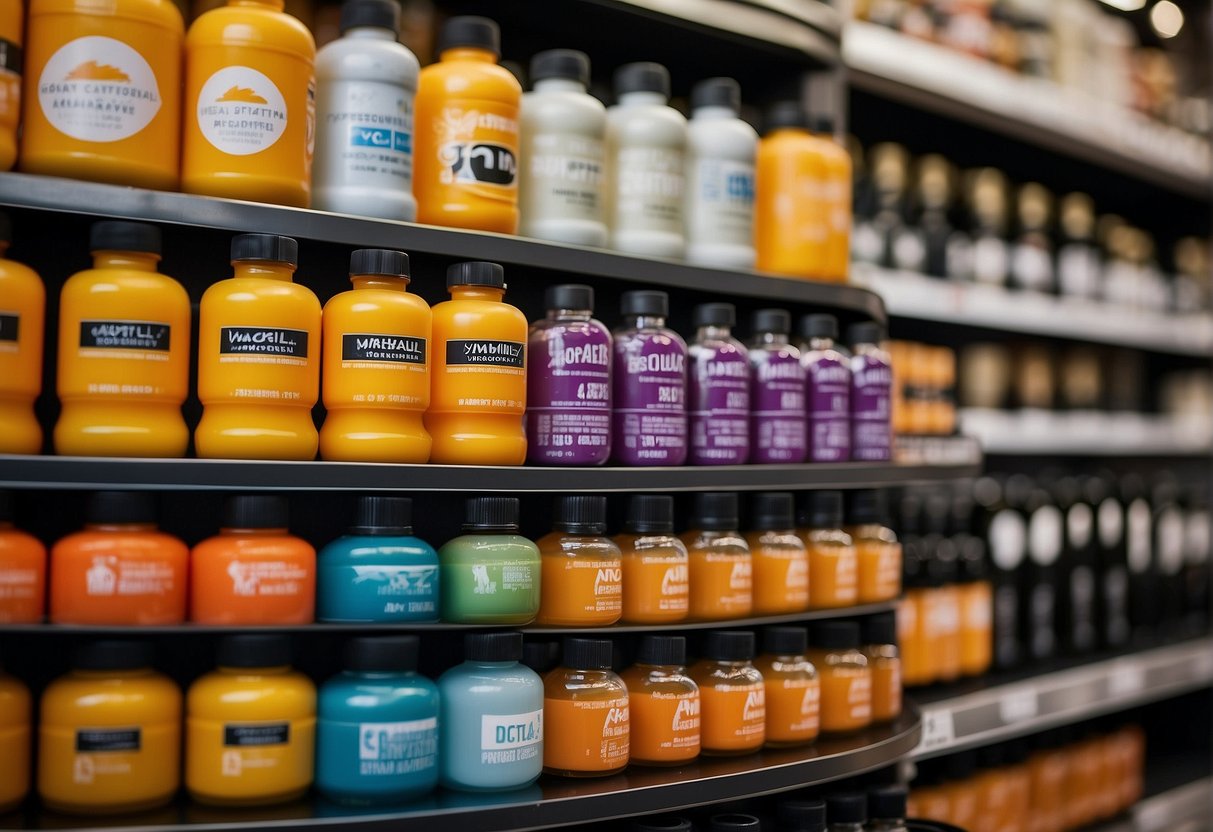 A colorful display of mobilee supplement bottles on shelves with a prominent "Where to Buy" sign