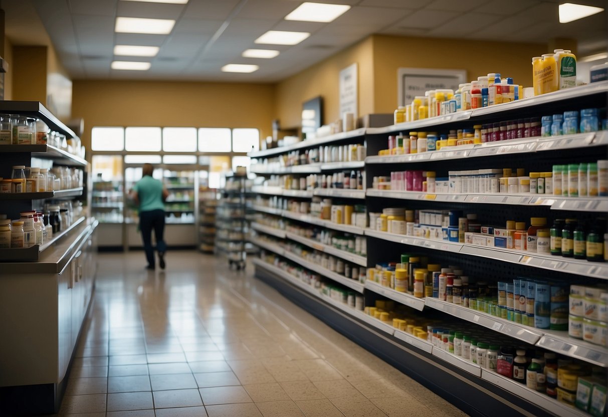 A busy pharmacy shelves tricaprin supplements, customers browse aisles
