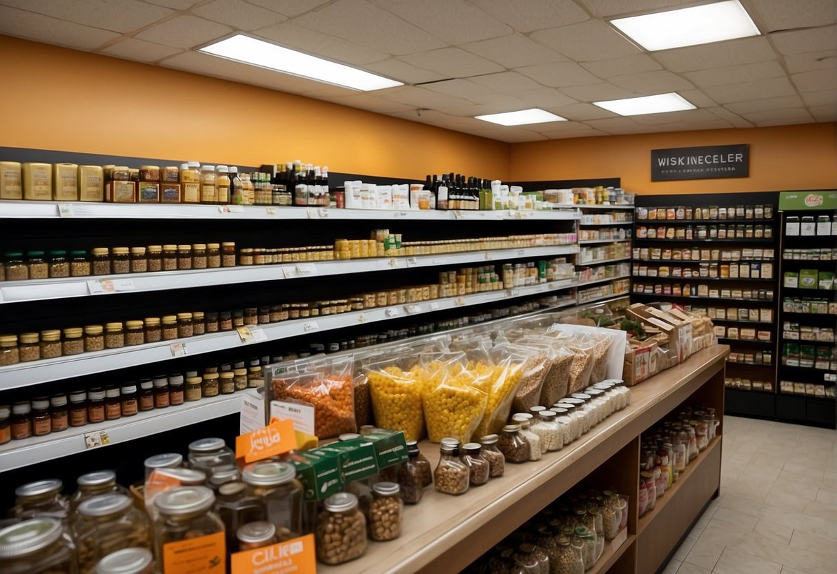 A bright, airy health food store with shelves stocked with various supplements. A prominent display features tricaprin supplements, with colorful packaging and clear labeling. Customers browse the aisles, and a helpful staff member assists a shopper