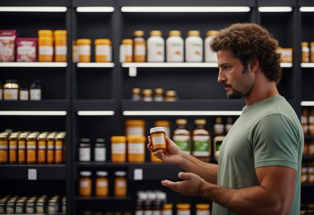 A person browsing shelves of health supplements, looking at tricaprin products with a focused expression
